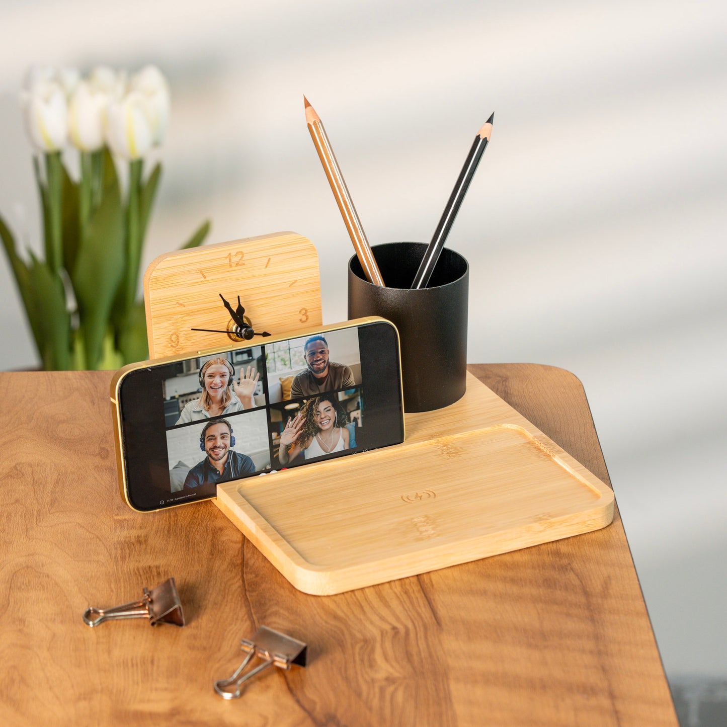 ECO-FRIENDLY BAMBOO WIRELESS CHARGER WITH PHONE STAND, METAL PEN HOLDER AND CLOCK