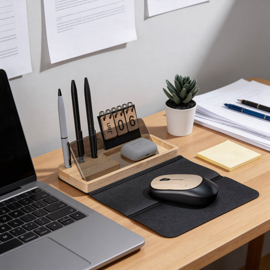 ECOBUNDLE - BAMBOO DESK SET WITH MOUSE, MOUSE PAD, CALENDAR & UTLITY STANDS
