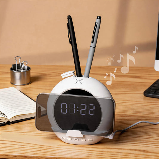 DIGITAL ALARM CLOCK WITH 5W BLUETOOTH SPEAKER, MOBILE STAND AND DUAL PEN STAND