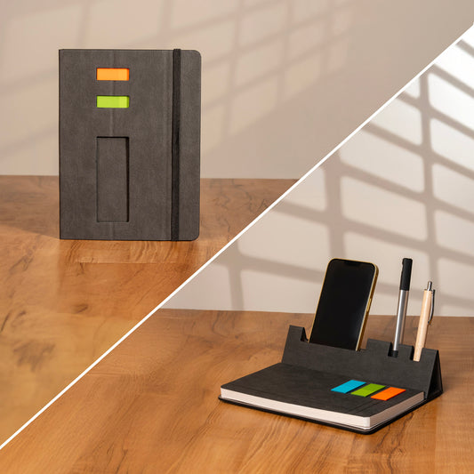 MULTI-PURPOSE A5 DIARY WITH FOLDING COVER TO ORGANIZE PHONE/VISITING CARDS, PENS, AND STICKY NOTES