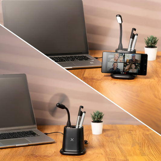 6-IN-1 DESK GADGET - PEN HOLDER, WIRELESS CHARGER, USB & TYPE C HUB, USB LIGHT, USB FAN, MOBILE STAND