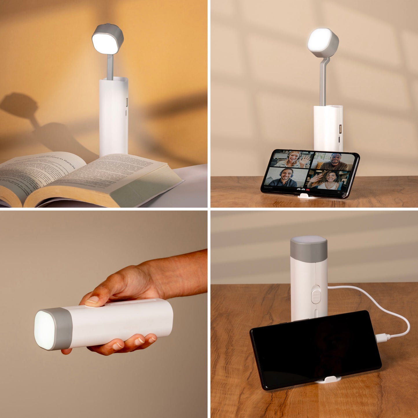 4-IN-1 GADGET - TORCH WITH 3 LEVELS OF BRIGHTNESS, EXTENDABLE READING LIGHT, 1800mAh IN-BUILT POWER BANK, MOBILE STAND