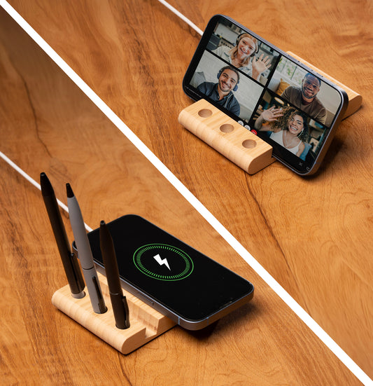ECO-FRIENDLY BAMBOO WIRELESS CHARGER WITH PHONE STAND AND TRIPLE PEN STAND